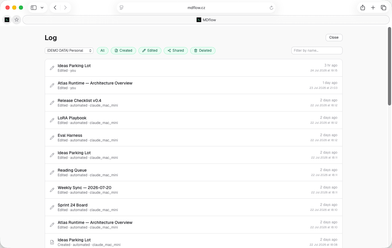The MDflow Document Log listing recent events, several rows labelled automated with the writing token's name alongside rows attributed to you.