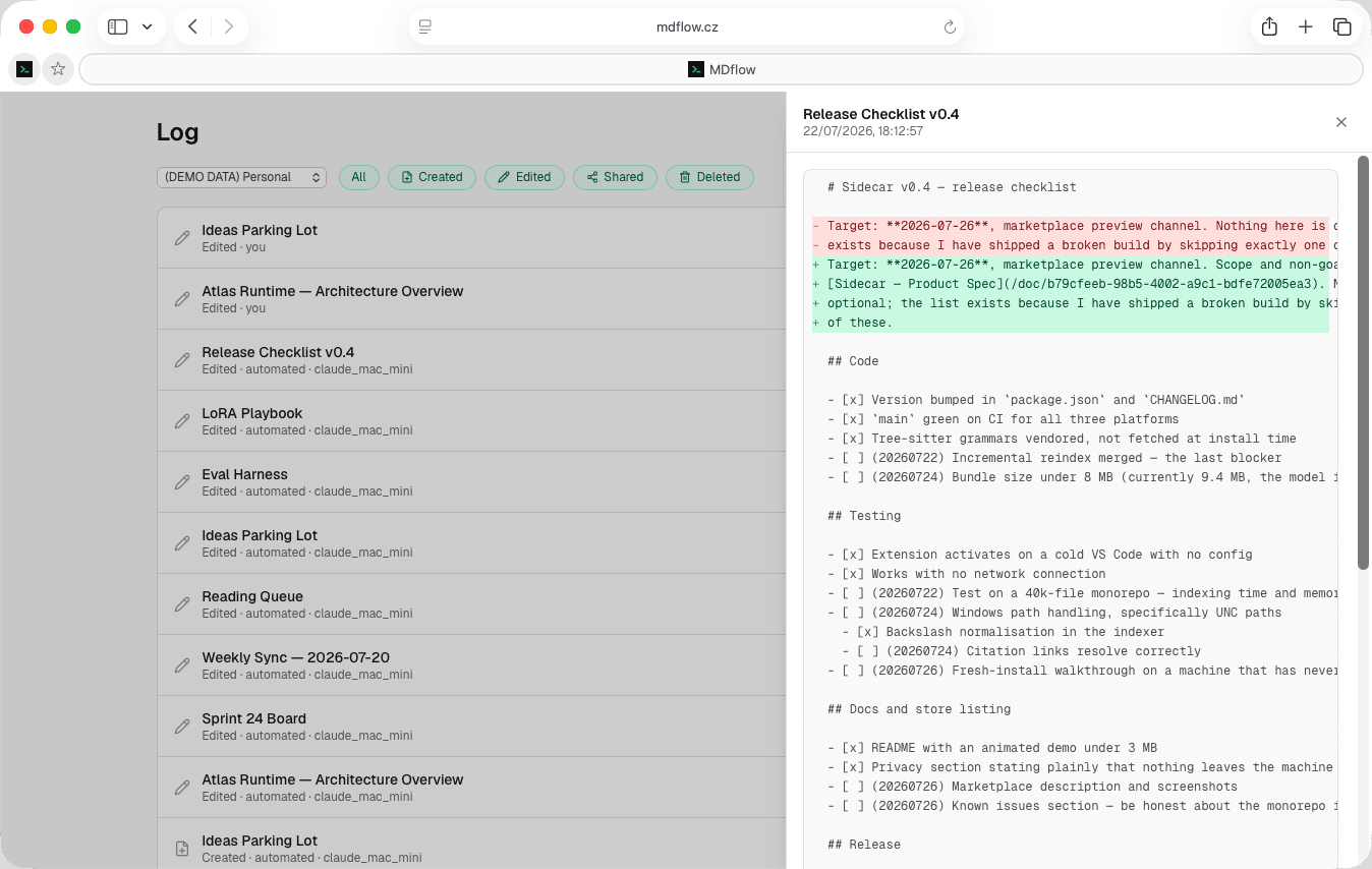 Clicking an automated edit in the MDflow Document Log opens a side panel showing a line-by-line diff of exactly what that write changed.