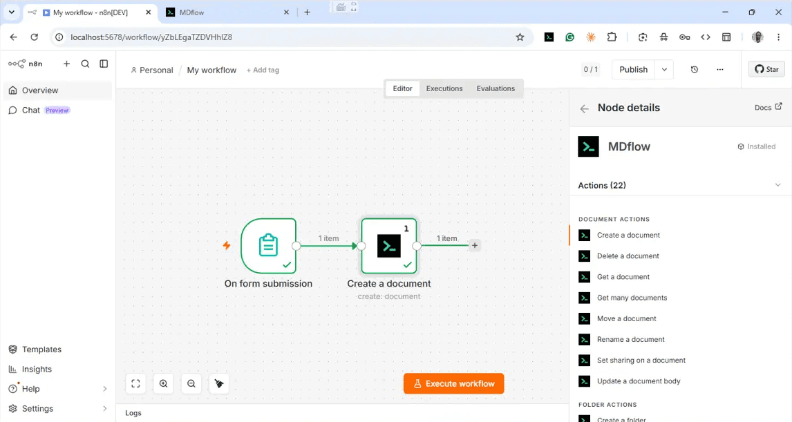 An n8n canvas with an “On form submission” trigger wired into an MDflow node running create: document, both nodes ticked green after a run, and the node details panel beside them listing the MDflow node's document and folder actions.