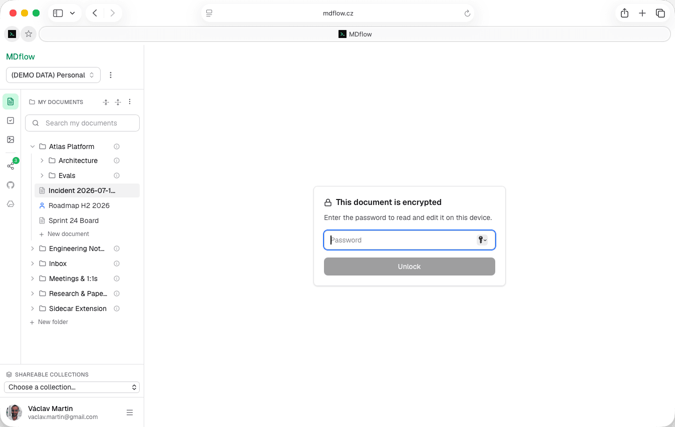 An encrypted MDflow document showing the password unlock prompt in place of the body, with the document title and folder still readable in the sidebar.