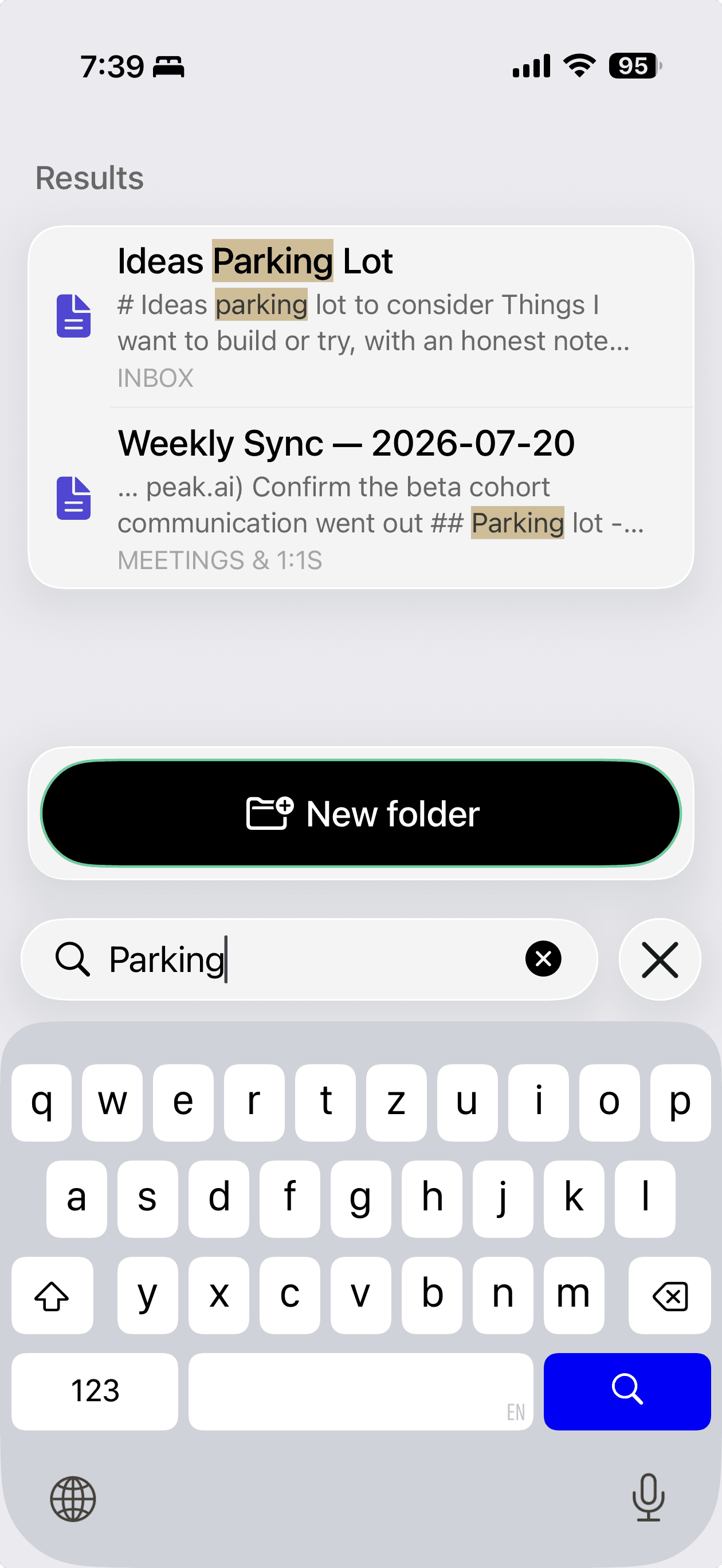 Search in the MDflow iPhone app: the query “Parking” typed into the search field, and two results above it — Ideas Parking Lot from Inbox and Weekly Sync — 2026-07-20 from Meetings and 1:1s — each highlighting the matched word in the title and in a line of the body.