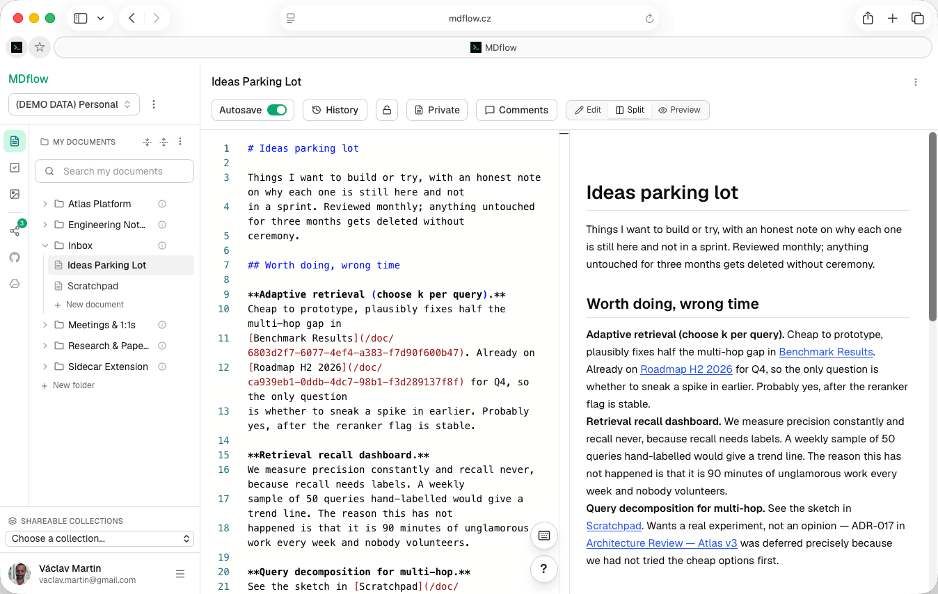The MDflow editor in Split view: the workspace folder tree in the left sidebar, syntax-highlighted markdown source in the middle, and the same document rendered as formatted headings, bold text and links on the right.
