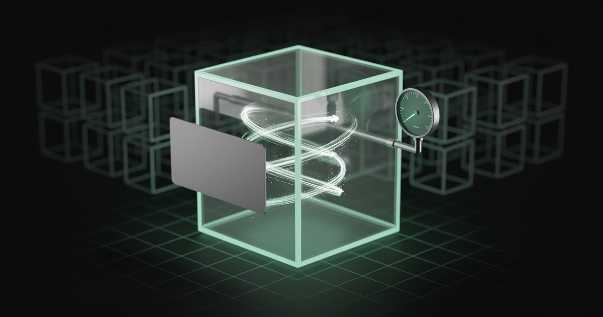 An emerald wireframe cube sandbox holding a glowing looping trajectory, with a blank instruction card sliding into one face and a gauge dial emerging from the other, repeated in a grid receding into darkness