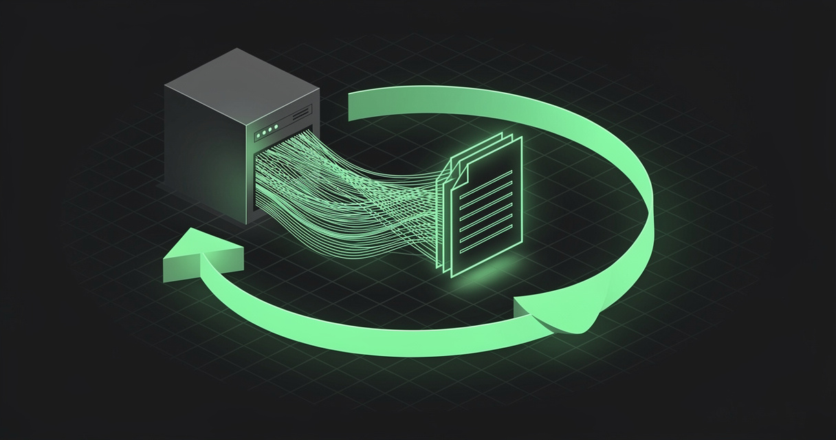 Dense emerald telemetry trace lines streaming out of an isometric server block, converging into a stack of glowing document sheets, with a bold ribbon arrow curving back to the server to close the loop, on a dark terminal-grid background