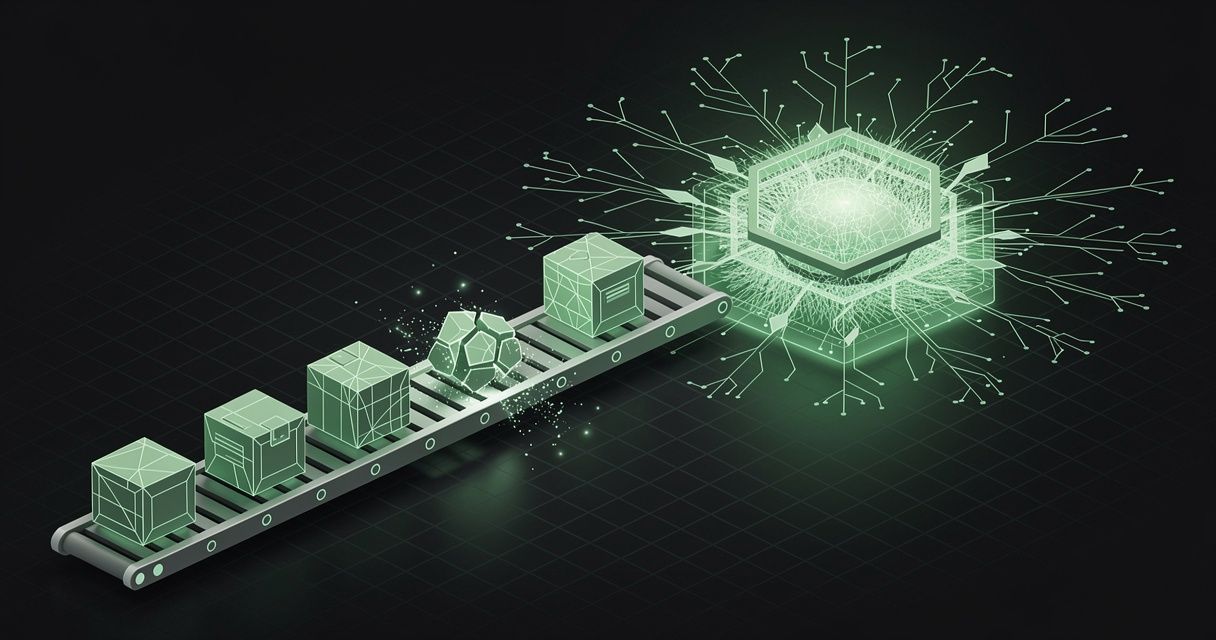 An emerald wireframe conveyor carrying modular plug-in blocks into a glowing hexagonal agent core, with one block along the chain fractured and shedding particles