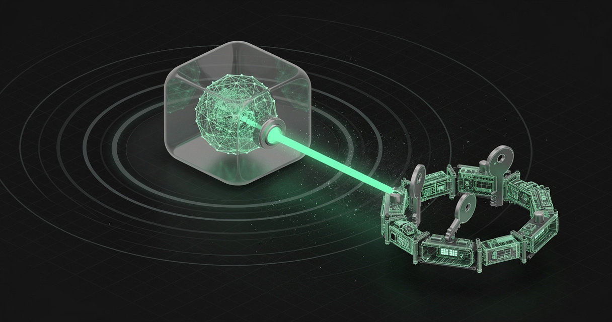 An emerald wireframe agent core sealed inside a translucent isolated chamber on a dark terminal grid, with a single narrow glowing conduit leaving it and a ring of keys held outside, surrounded by concentric containment rings