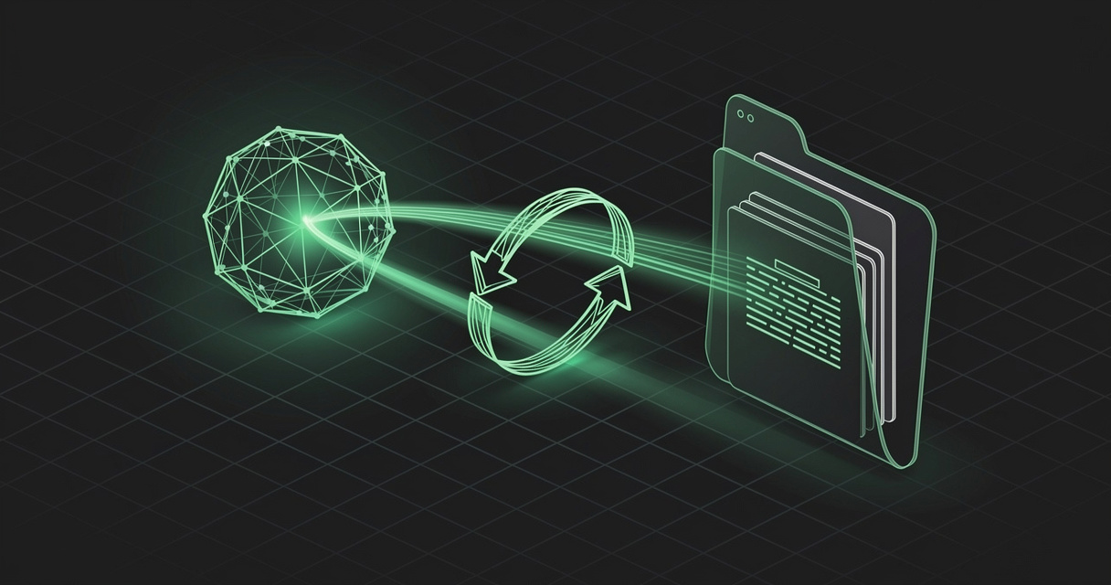 An emerald AI agent core streaming light into an open folder of markdown documents, with a two-way arrow loop showing an agent reading and writing back, on a dark terminal-grid background