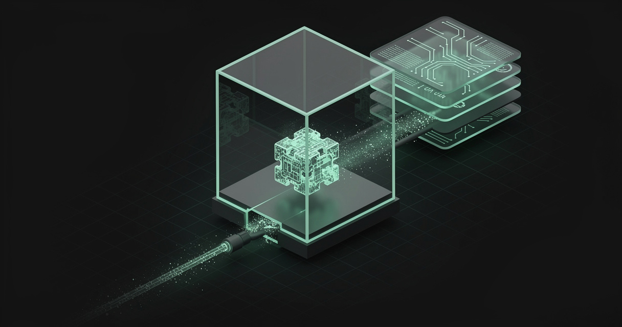 A sealed emerald wireframe glass chamber holding a puzzle cube, with a hidden conduit siphoning glowing particles in from a stack of archived data slabs behind it, on a dark terminal grid background