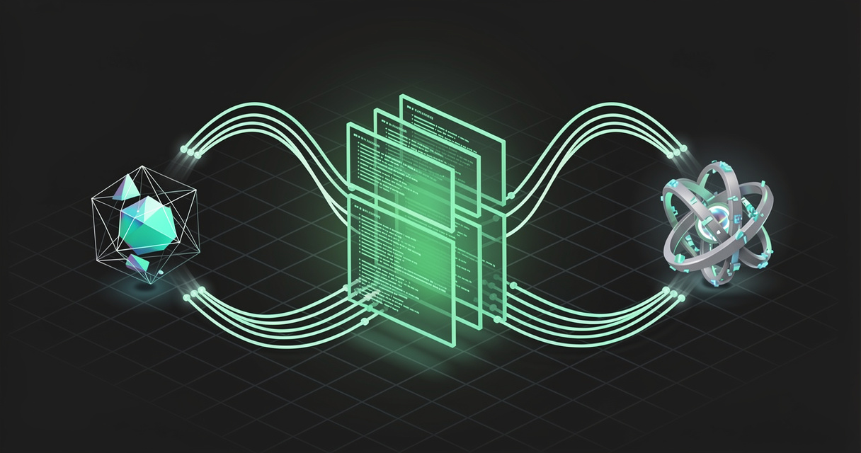 A glowing emerald hub of stacked markdown document cards linked over conduits to two geometric AI agent cores on a dark terminal-grid background