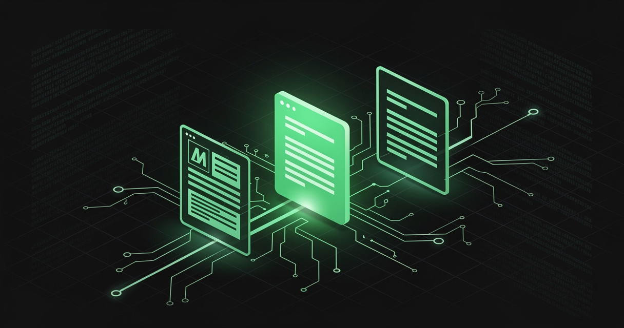 A lineup of glowing emerald wireframe markdown document cards in a comparison grid, one lifted and highlighted brighter than the rest, on a dark terminal-grid background