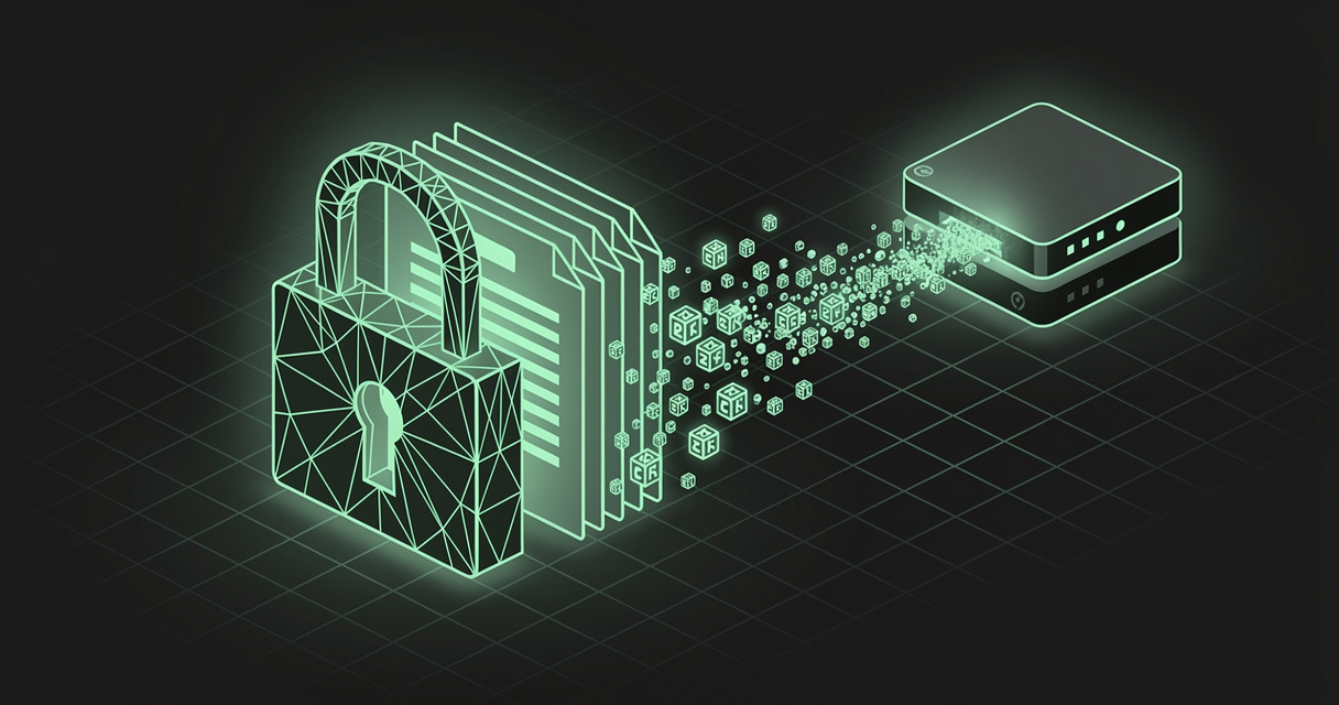 A glowing emerald padlock fused with markdown document pages dissolving into a stream of encrypted cipher blocks flowing toward a cloud server, on a dark terminal-grid background