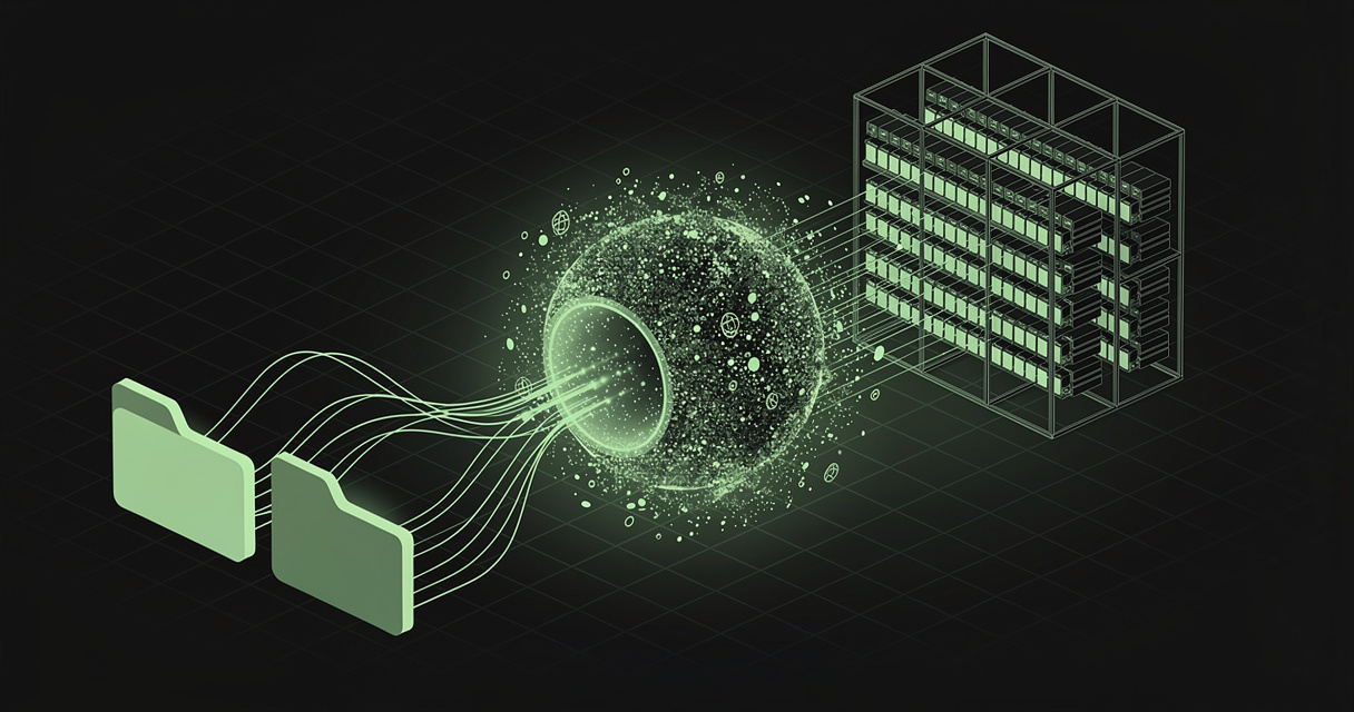 Two flat emerald folder shapes streaming into a dense glowing sphere of countless tiny particles, which resolves into an ordered wireframe rack of neatly shelved rows, on a dark terminal-grid background