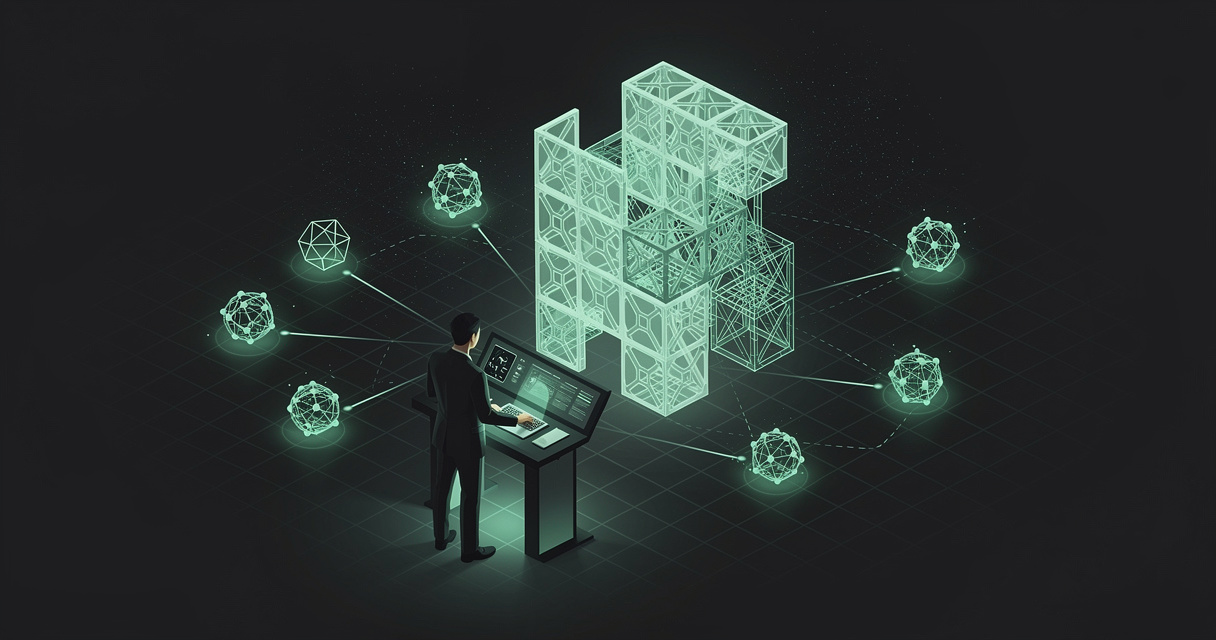 An emerald wireframe architect-builder figure at a console orchestrating small AI agent nodes that assemble glowing modular blocks into a structure, on a dark terminal-grid background