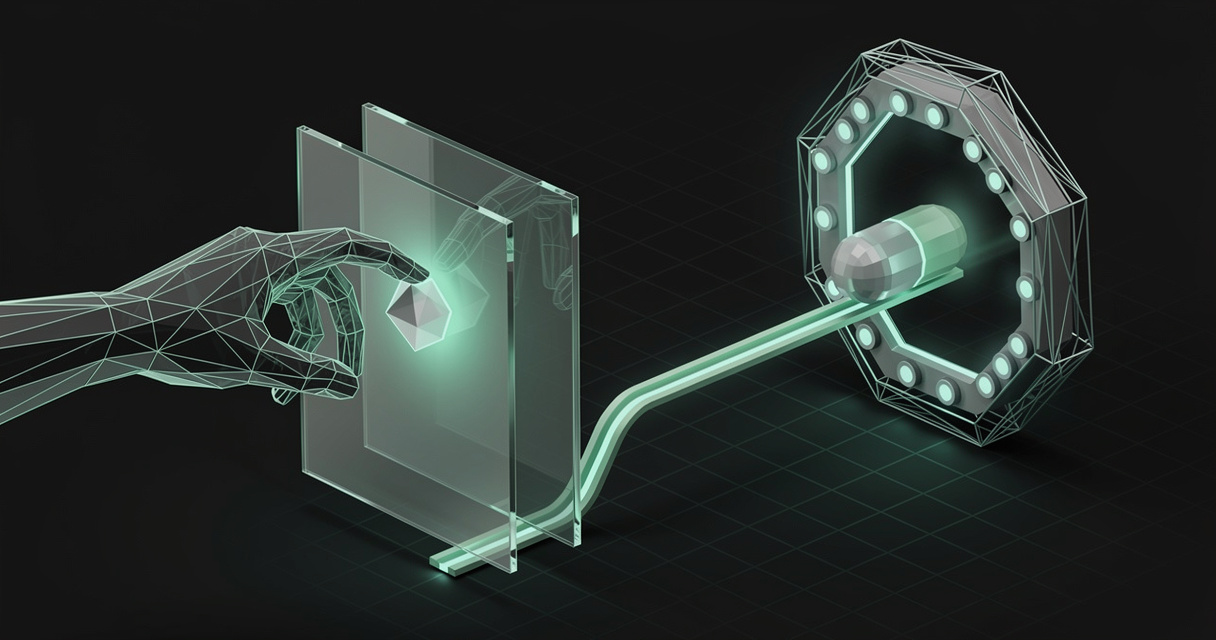 An emerald wireframe hand placing a small glowing marker onto a blank glass panel, which becomes a capsule travelling along a luminous rail into a hexagonal release gate ringed with indicator lamps, on a dark terminal grid background