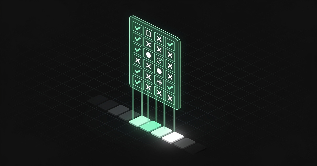 An emerald wireframe rubric scorecard panel with a grid of tick and cross marks, casting measuring beams down onto a row of output tiles below, some lit and some dimmed, on a dark terminal grid background