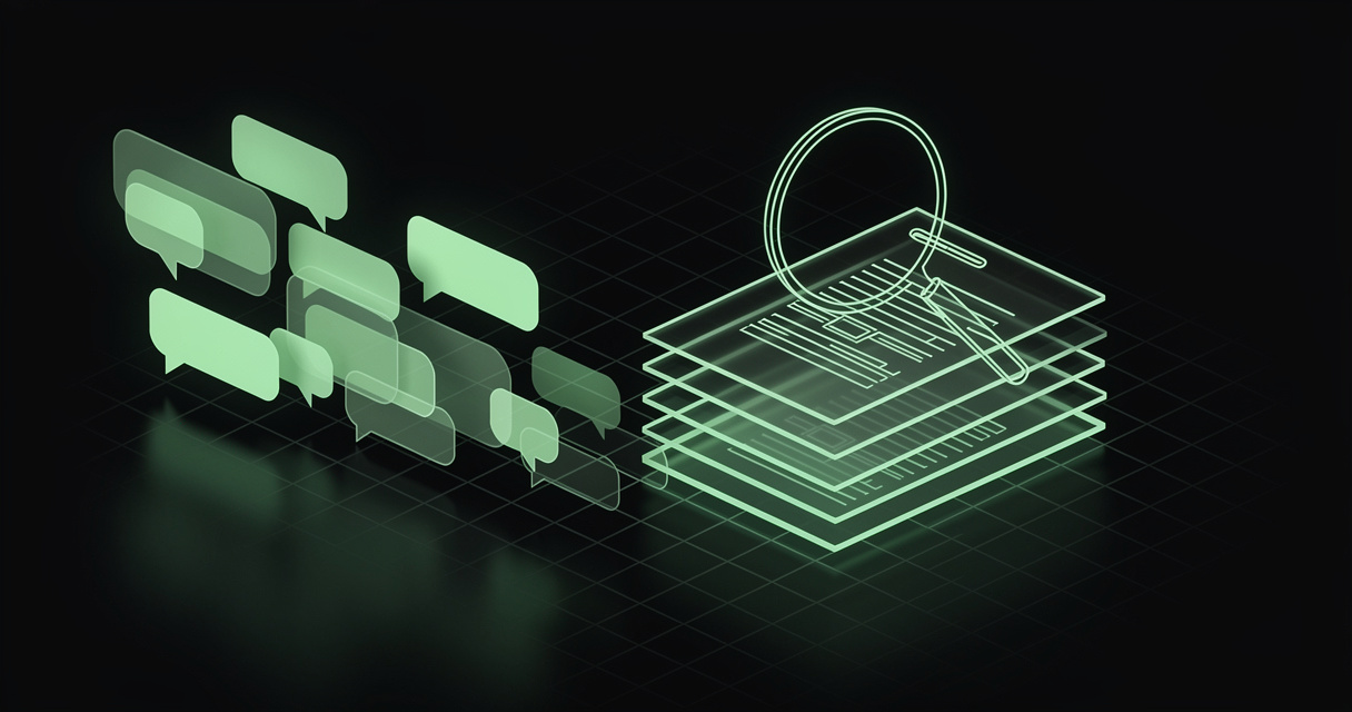 A stream of emerald chat bubbles flowing into an organized stack of markdown document cards with a magnifying-glass search motif, on a dark terminal-grid background