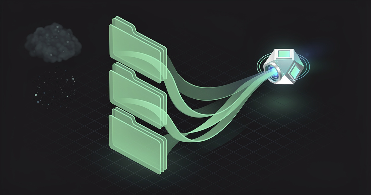 Glowing emerald folders emitting labeled ribbons of light that cascade into a geometric AI agent core, with a faded unused embedding cloud to the side, on a dark terminal-grid background