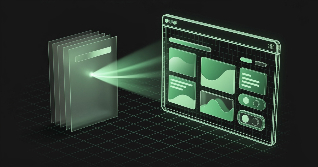 An emerald wireframe stack of plain document sheets feeding a beam of light into a floating browser panel rendered as a rich dashboard, on a dark terminal-grid background