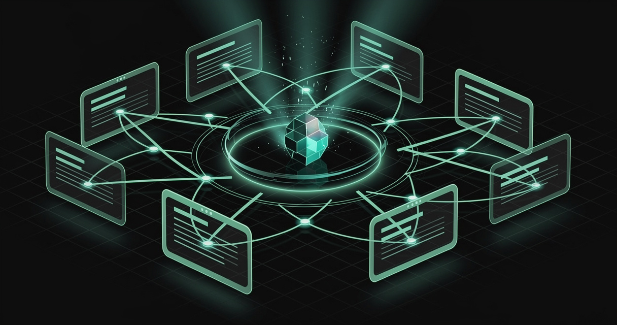 A ring of glowing emerald Markdown note cards cross-linked into a knowledge graph around a central geometric AI agent core, on a dark terminal-grid background