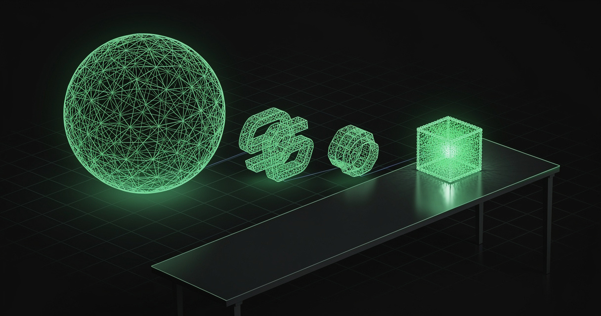 A vast emerald wireframe sphere condensing through shrinking stages into one small dense glowing cube on a desk plane, on a dark terminal-grid background