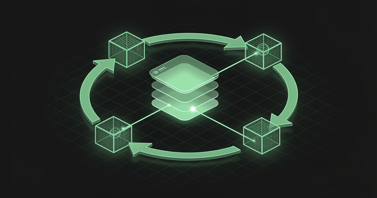 Four emerald wireframe nodes arranged in a ring, joined by thick directional arrows circling a glowing stack of document layers, on a dark terminal-grid background