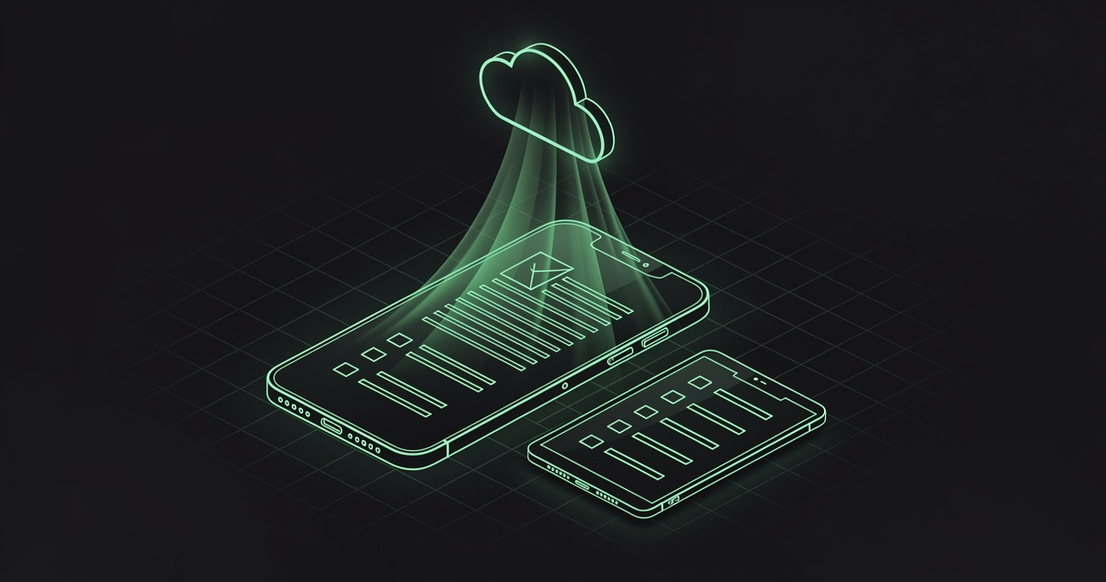 An emerald wireframe iPhone and iPad on a dark terminal-grid background, their screens showing markdown document lines and a checklist, with light trails flowing from a cloud to suggest sync