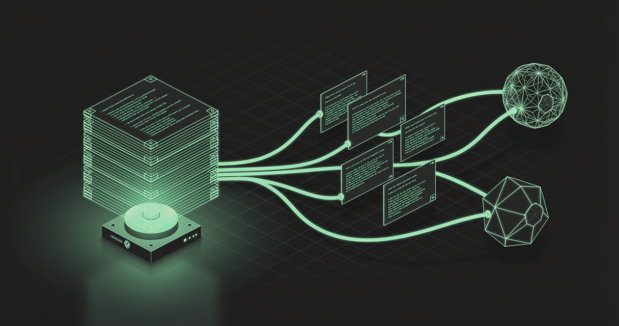 A closed local vault of markdown cards on the left facing an open cloud hub of the same cards wired to two AI agent cores on the right, in emerald green on a dark terminal-grid background