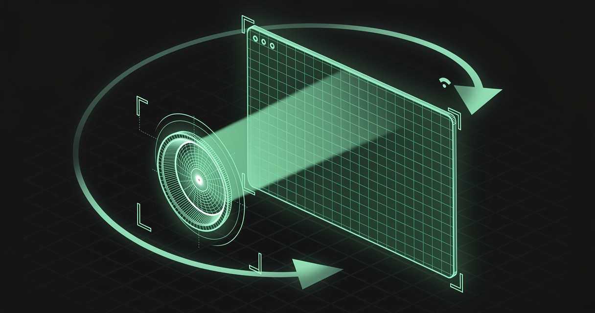 An emerald wireframe screen panel in isometric perspective with a glowing lens aperture scanning a beam across it, selection brackets marking regions, and a closed loop arrow orbiting the scene on a dark terminal grid background