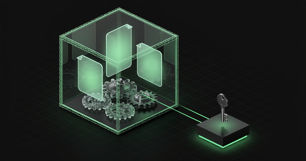 A sealed translucent emerald enclave cube containing glowing blank document sheets and interlocking gears, with a single key on a separate pedestal outside the cube connected by a thin beam of light, on a dark terminal-grid background