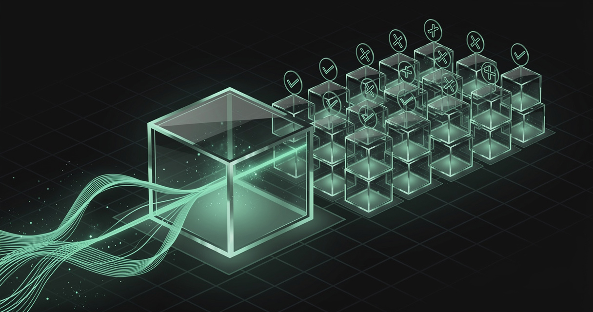 An emerald wireframe stream of telemetry trace lines flowing into a sealed isometric glass cube, which replicates into a parallel grid of smaller cubes each marked with a tick or a cross, on a dark terminal grid background