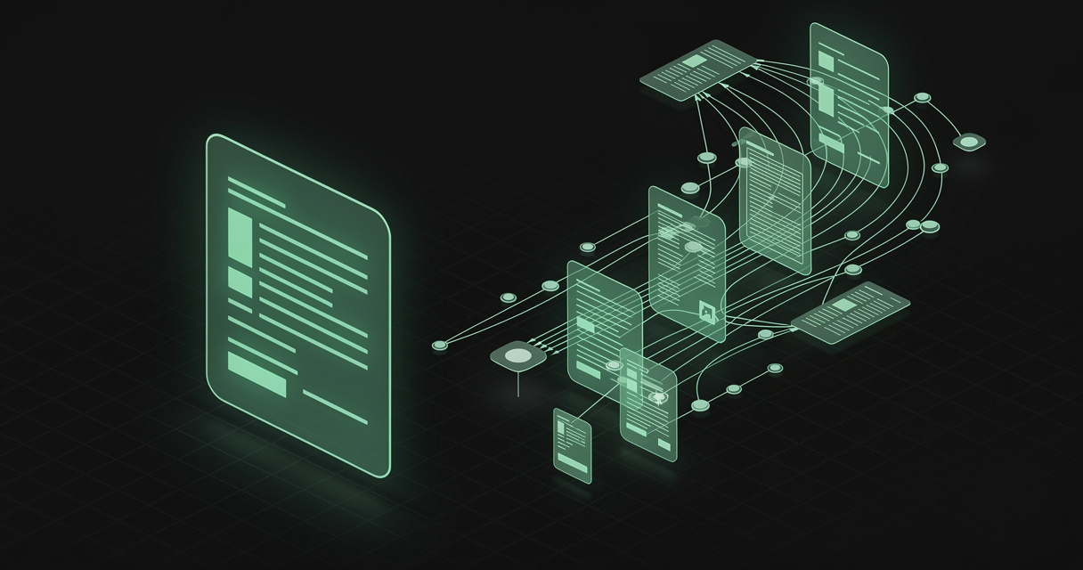 A single flat emerald wireframe document sheet on the left, and on the right the same sheet exploded into a branching trail of layered sheets and connected nodes
