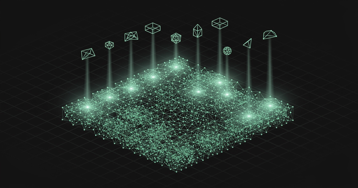 Small emerald wireframe agent shapes floating above one dense shared substrate of connected nodes, each beaming down into the layer beneath, on a dark terminal-grid background