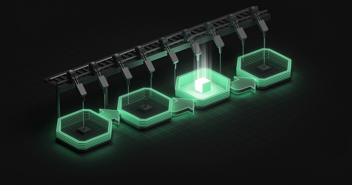 A row of emerald wireframe hexagonal chambers joined by directional arrows, one lit from within by a glowing cube, with an overhead control rail of mechanical levers reaching down into each chamber, on a dark terminal grid background