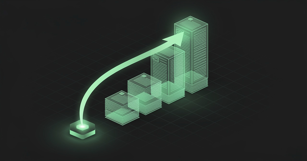 Emerald wireframe bar chart built from stacked document sheets, with a glowing arrow curving from a small agent node into the tallest column