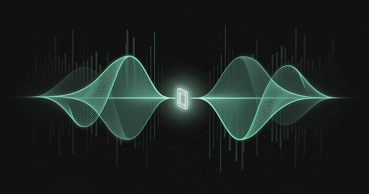 Two emerald wireframe audio waveforms facing each other across a narrow luminous gap, with a glowing threshold gate suspended in the gap and faint spectral bars behind, on a dark terminal grid background
