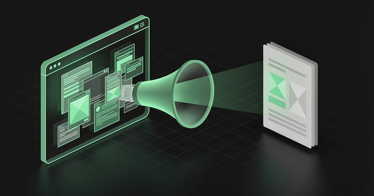 A cluttered browser window being funneled through an emerald clipping lens into a single clean stacked markdown document card, on a dark terminal-grid background